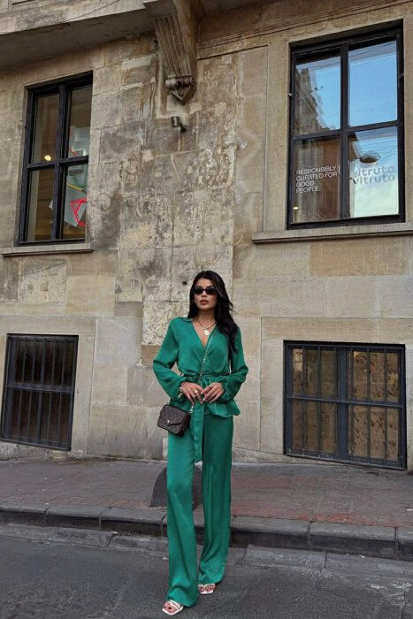 LACING DETAIL SWEATSHIRT+TROUSERS WOMEN SET GREEN/JESHILE - 2