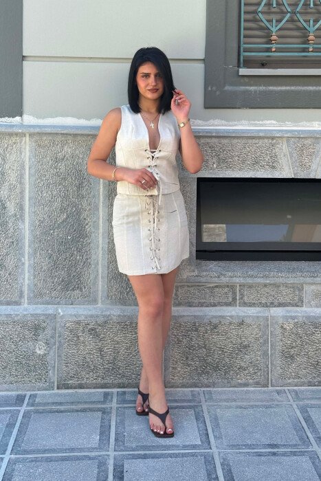 LACING DETAIL VEST +SKIRT WOMAN TWO PIECE SET CREAM/KREM 