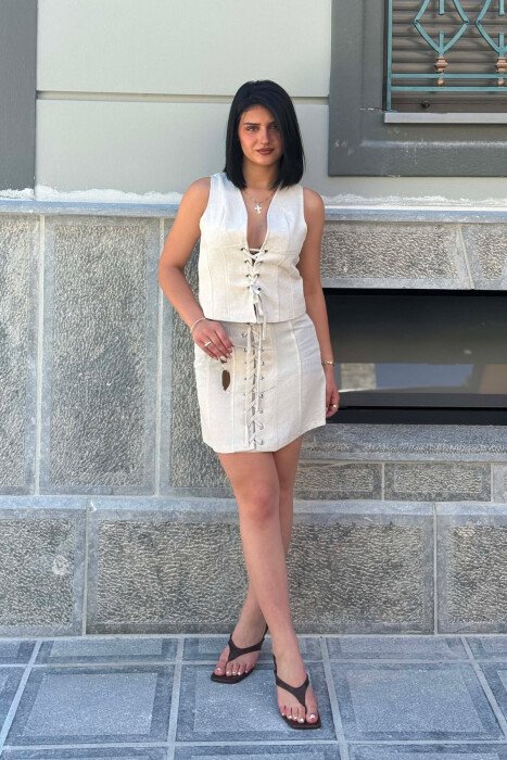 LACING DETAIL VEST +SKIRT WOMAN TWO PIECE SET CREAM/KREM - 3