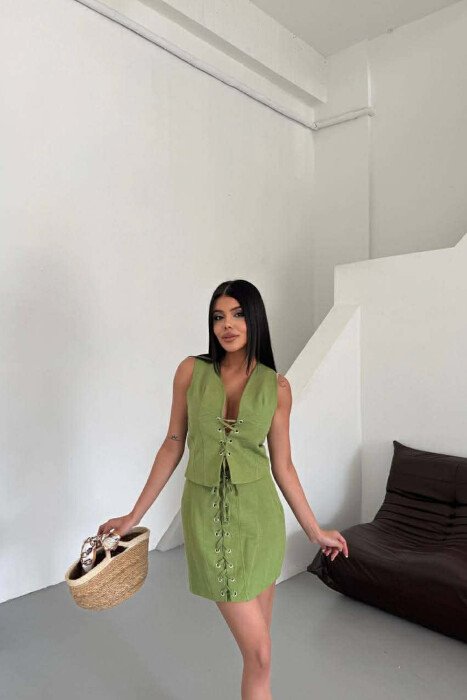LACING DETAIL VEST +SKIRT WOMAN TWO PIECE SET GREEN/JESHILE - 2