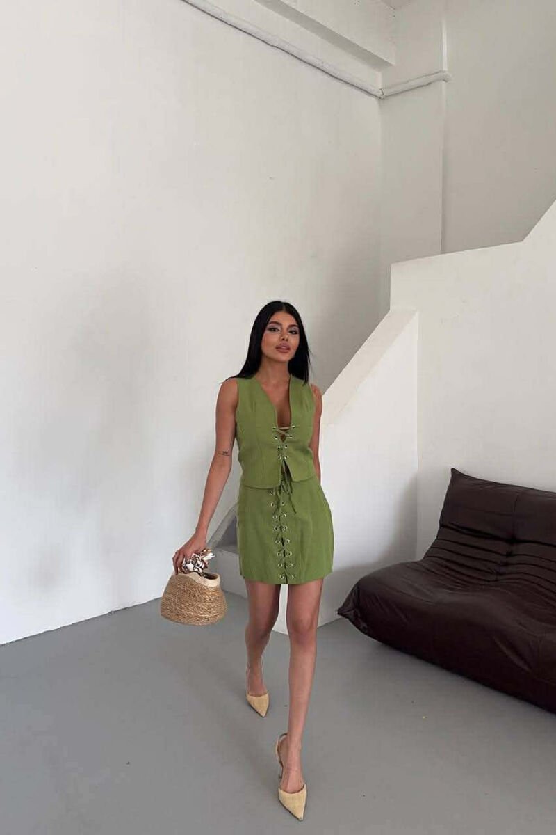 LACING DETAIL VEST +SKIRT WOMAN TWO PIECE SET GREEN/JESHILE - 4