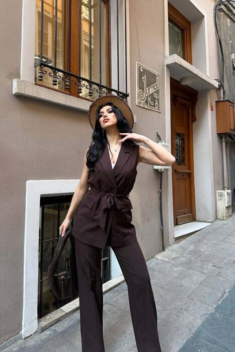 LACING DETAIL VEST + TROUSERS WOMAN SET BROWN/KAFE - 9