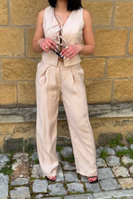 LACING DETAIL VEST+ TROUSERS WOMEN SET BEIGE/BEZHE - 3