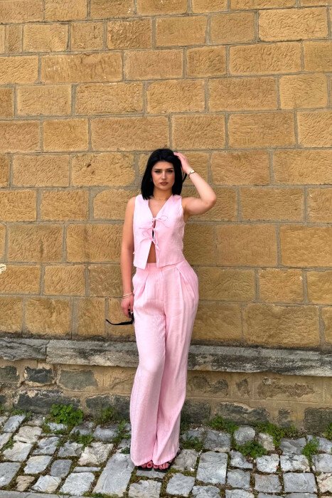 LACING DETAIL VEST+ TROUSERS WOMEN SET PINK/ROZE - 3