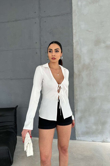 LACING DETAILS ONE COLOR WOMEN SHIRT WHITE-E BARDHE - KLAUDIO FASHION