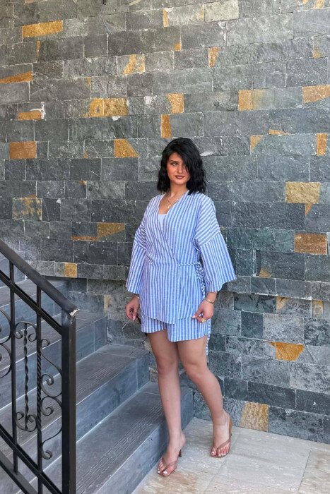 LACING DETAIL SHIRT+SHORTS WOMAN TWO PIECE SET BLUE/BLU - 2