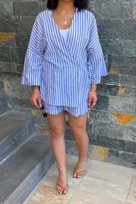 LACING DETAIL SHIRT+SHORTS WOMAN TWO PIECE SET BLUE/BLU - 4