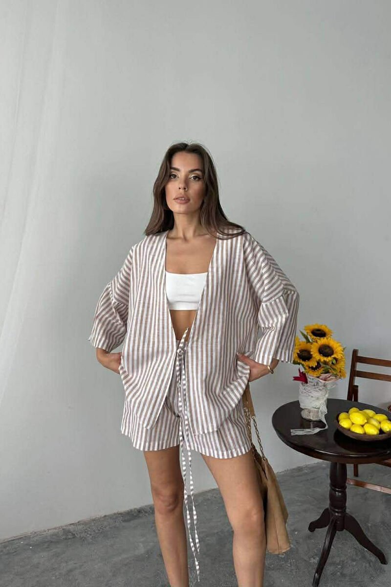 LACING DETAIL SHIRT+SHORTS WOMAN TWO PIECE SET BROWN/KAFE - 1