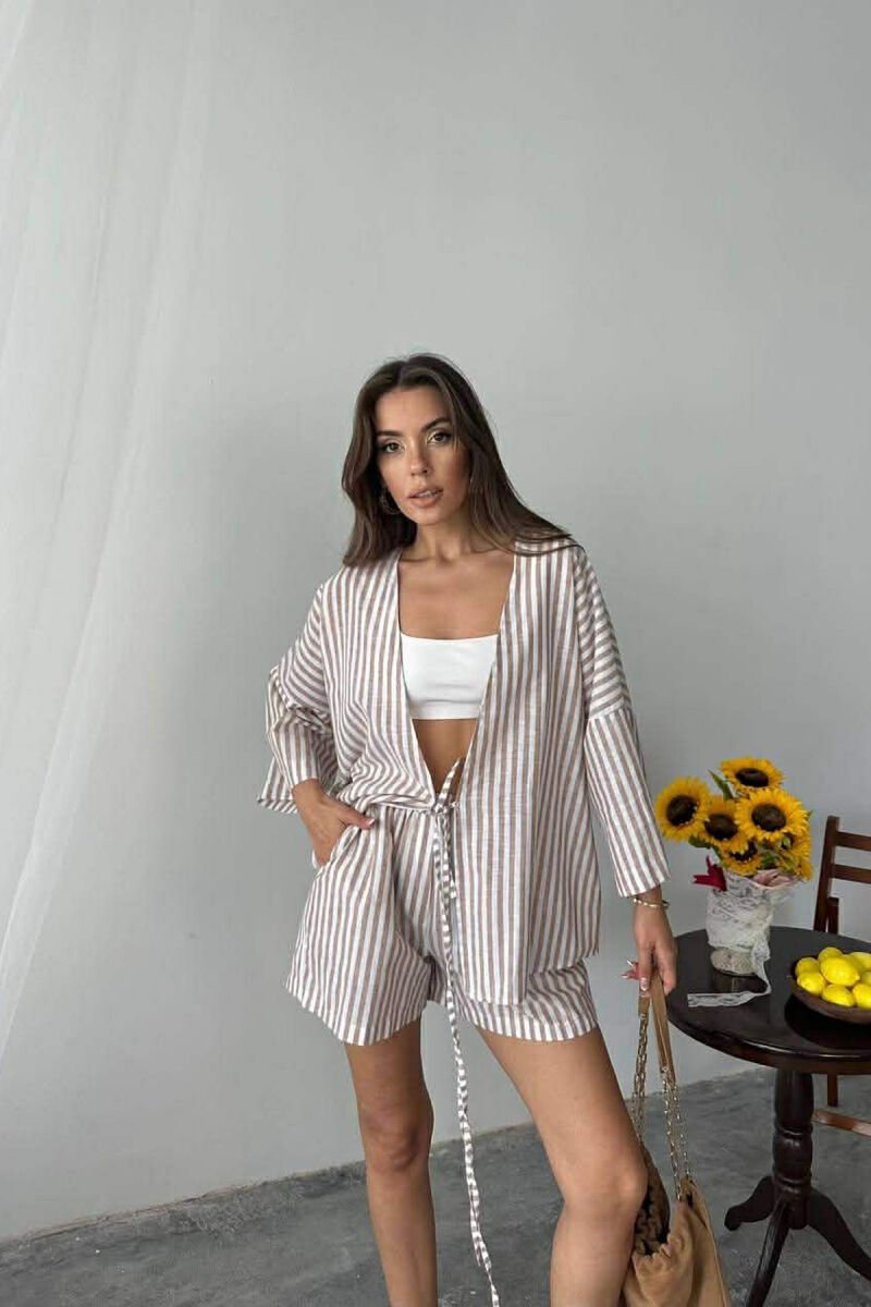 LACING DETAIL SHIRT+SHORTS WOMAN TWO PIECE SET BROWN/KAFE - 3