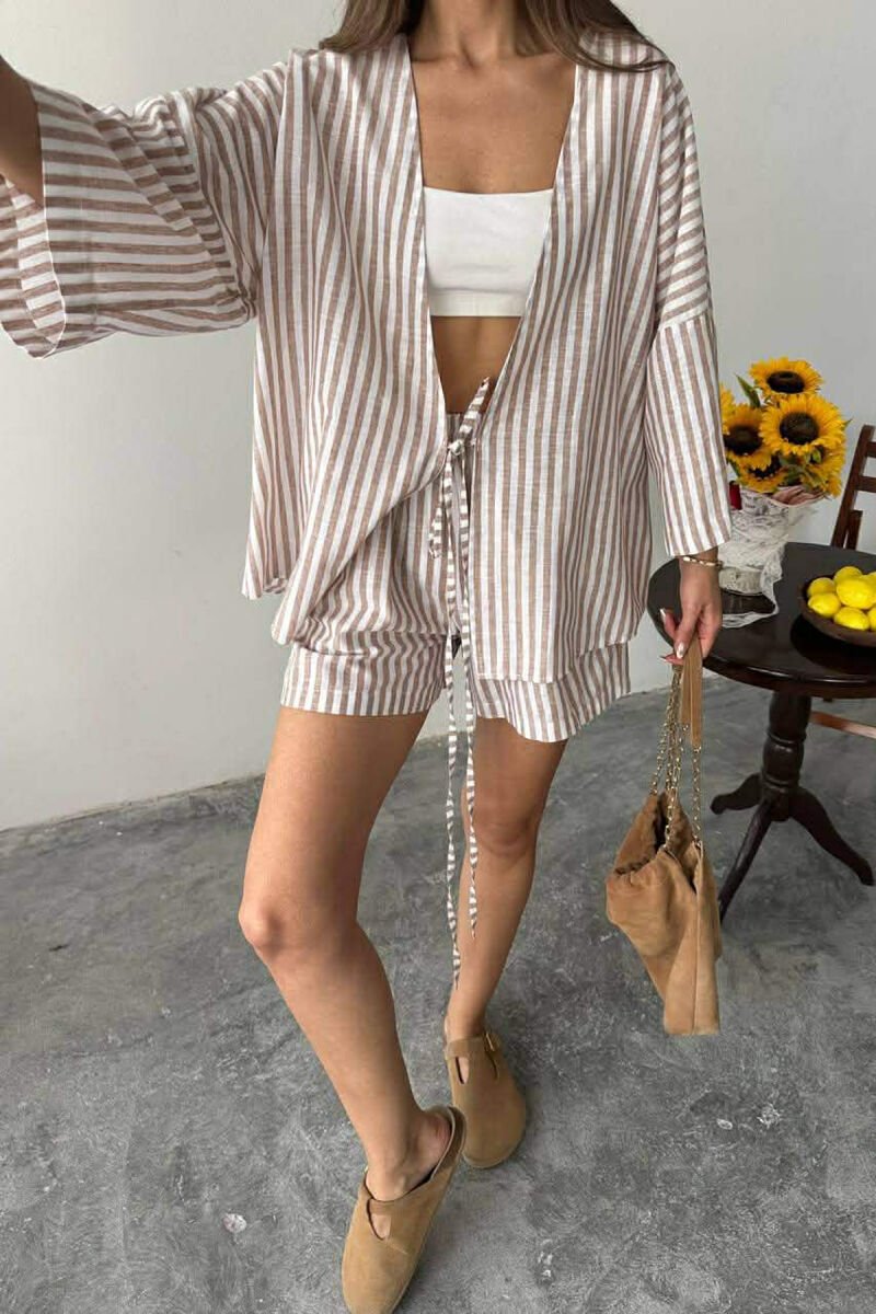 LACING DETAIL SHIRT+SHORTS WOMAN TWO PIECE SET BROWN/KAFE - 4