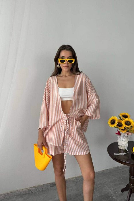 LACING DETAIL SHIRT+SHORTS WOMAN TWO PIECE SET POWDER/PUDER - 6