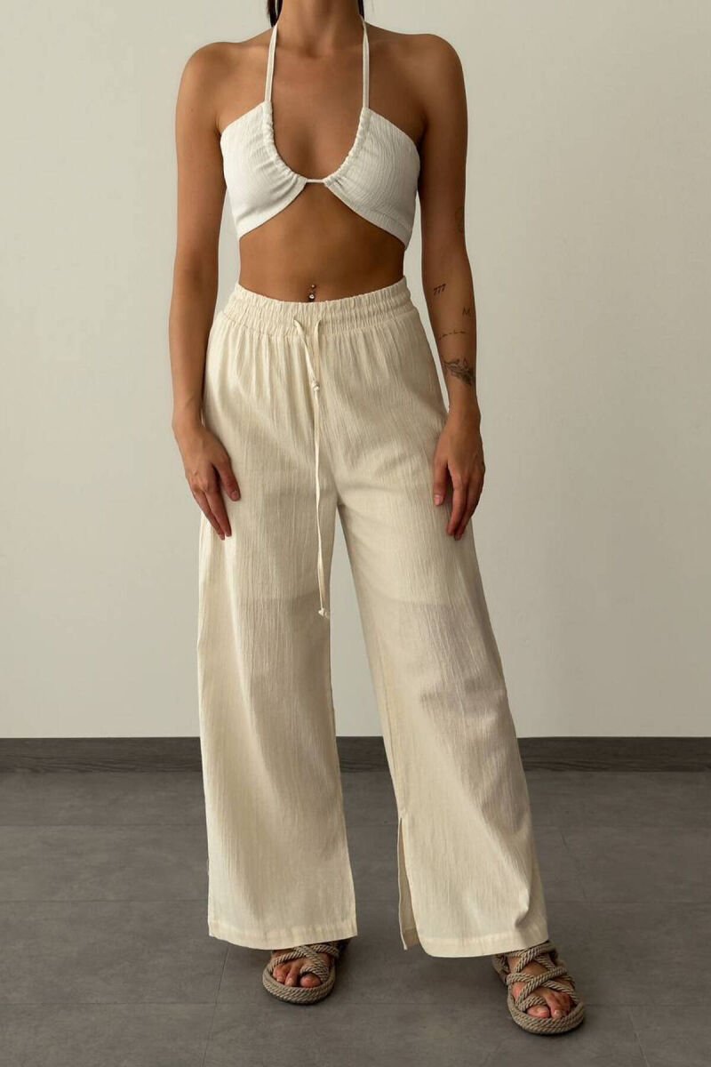 LACING LINEN WOMAN TROUSERS CREAM/KREM - 1