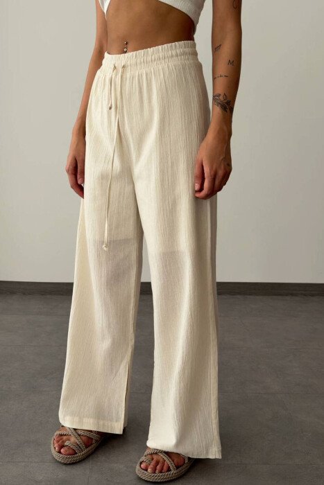 LACING LINEN WOMAN TROUSERS CREAM/KREM - 2