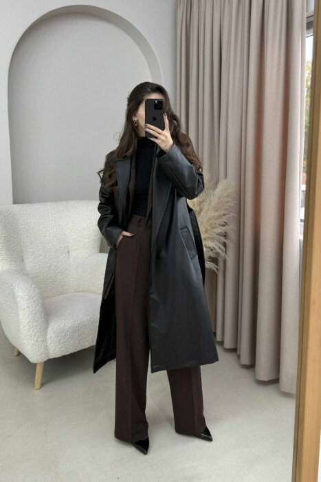 LACING LONG LEATHER WOMEN JACKET BLACK/ E ZEZE - 5