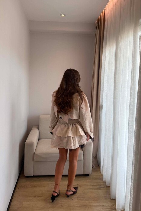 LACING NECK BELT DETAIL LONG SLEEVE WOMEN DRESS BEIGE/BEZHE - 2