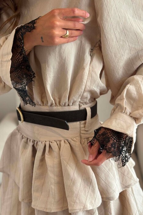 LACING NECK BELT DETAIL LONG SLEEVE WOMEN DRESS BEIGE/BEZHE - 4