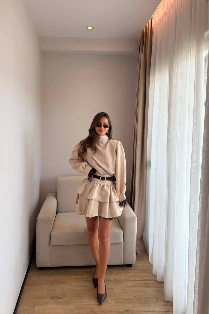 LACING NECK BELT DETAIL LONG SLEEVE WOMEN DRESS BEIGE/BEZHE - 5