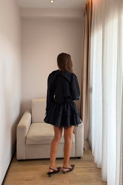 LACING NECK BELT DETAIL LONG SLEEVE WOMEN DRESS BLACK/ E ZEZE - 2