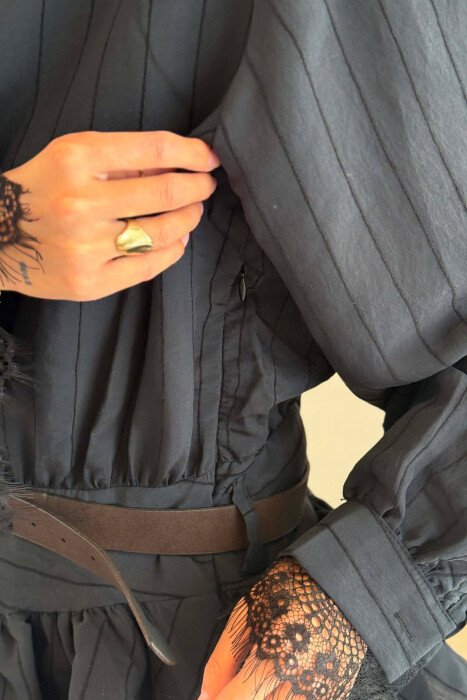 LACING NECK BELT DETAIL LONG SLEEVE WOMEN DRESS BLACK/ E ZEZE - 3