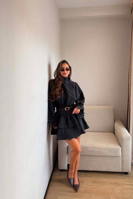 LACING NECK BELT DETAIL LONG SLEEVE WOMEN DRESS BLACK/ E ZEZE - 5