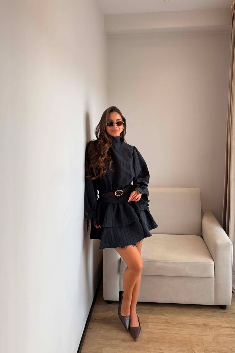 LACING NECK BELT DETAIL LONG SLEEVE WOMEN DRESS BLACK/ E ZEZE - 5
