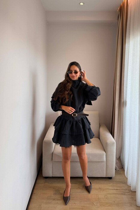 LACING NECK BELT DETAIL LONG SLEEVE WOMEN DRESS BLACK/ E ZEZE - 6
