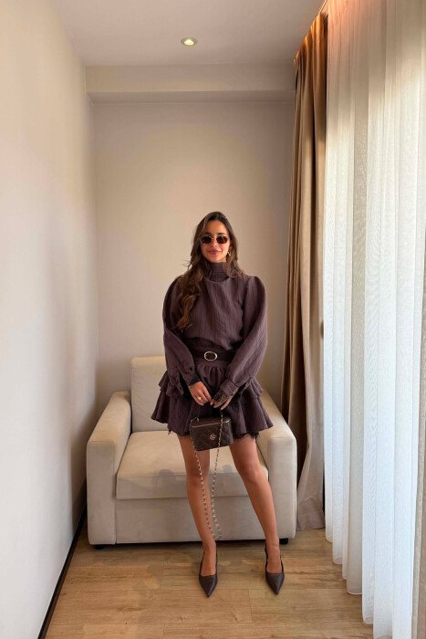 LACING NECK BELT DETAIL LONG SLEEVE WOMEN DRESS BROWN/KAFE 