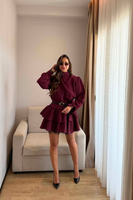 LACING NECK BELT DETAIL LONG SLEEVE WOMEN DRESS BURGUNDY/VISHNJE 