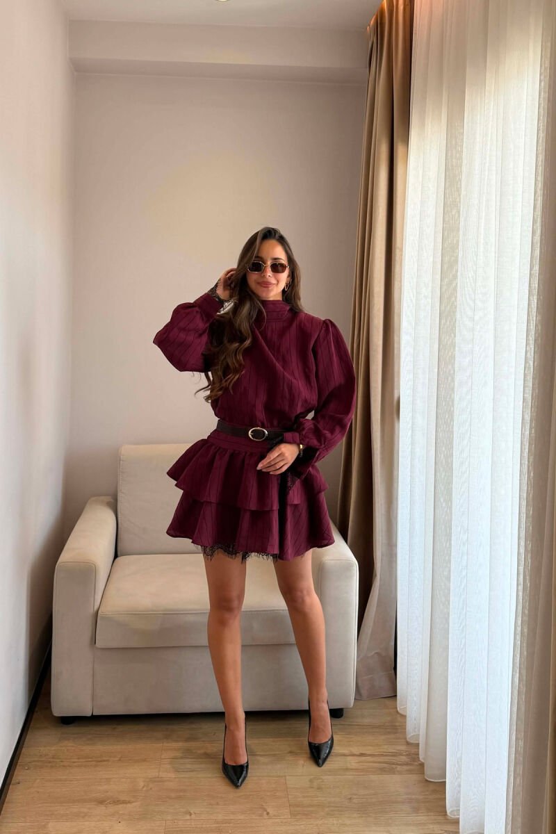 LACING NECK BELT DETAIL LONG SLEEVE WOMEN DRESS BURGUNDY/VISHNJE - 1