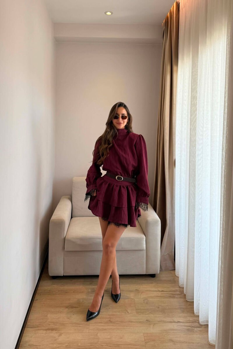 LACING NECK BELT DETAIL LONG SLEEVE WOMEN DRESS BURGUNDY/VISHNJE - 2