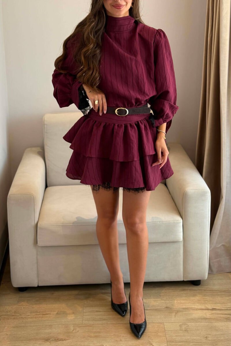 LACING NECK BELT DETAIL LONG SLEEVE WOMEN DRESS BURGUNDY/VISHNJE - 4