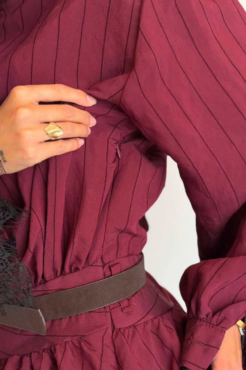 LACING NECK BELT DETAIL LONG SLEEVE WOMEN DRESS BURGUNDY/VISHNJE - 5