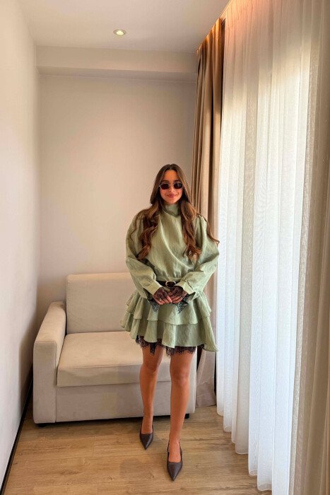 LACING NECK BELT DETAIL LONG SLEEVE WOMEN DRESS MINT/MENTE - 2