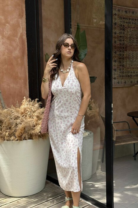 LACING NECK FLOWERS DESIGN WOMEN DRESS CREAM/KREM 