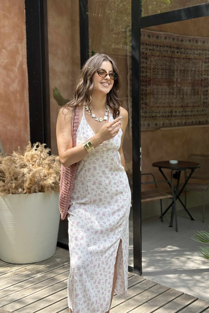 LACING NECK FLOWERS DESIGN WOMEN DRESS CREAM/KREM - 3