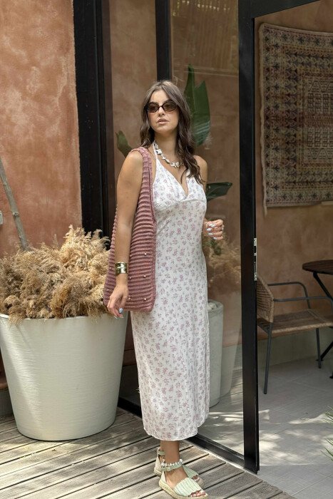 LACING NECK FLOWERS DESIGN WOMEN DRESS CREAM/KREM - 4