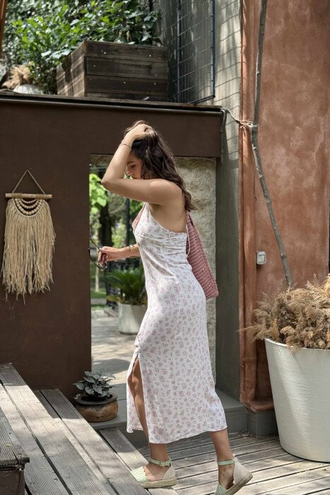 LACING NECK FLOWERS DESIGN WOMEN DRESS CREAM/KREM - 6