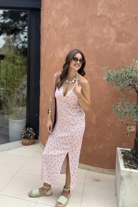 LACING NECK FLOWERS DESIGN WOMEN DRESS PINK/ROZE - 3