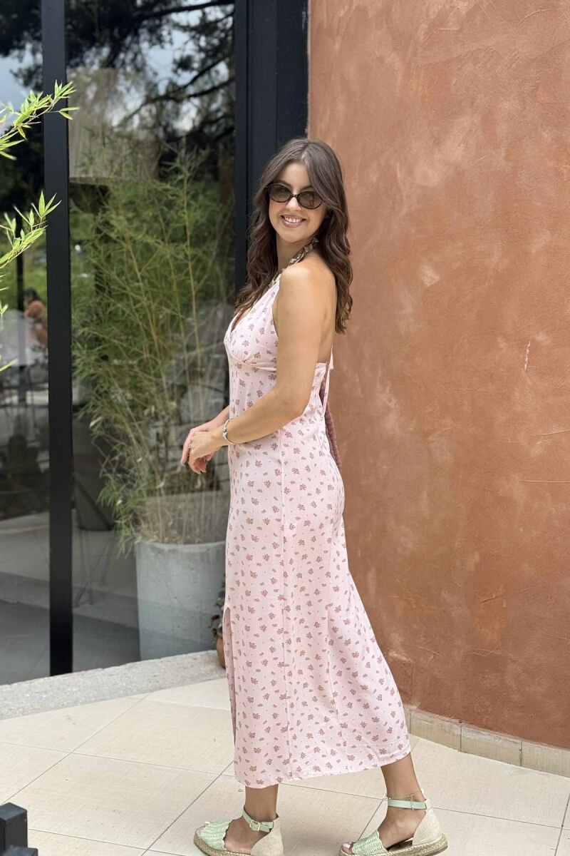 LACING NECK FLOWERS DESIGN WOMEN DRESS PINK/ROZE - 4