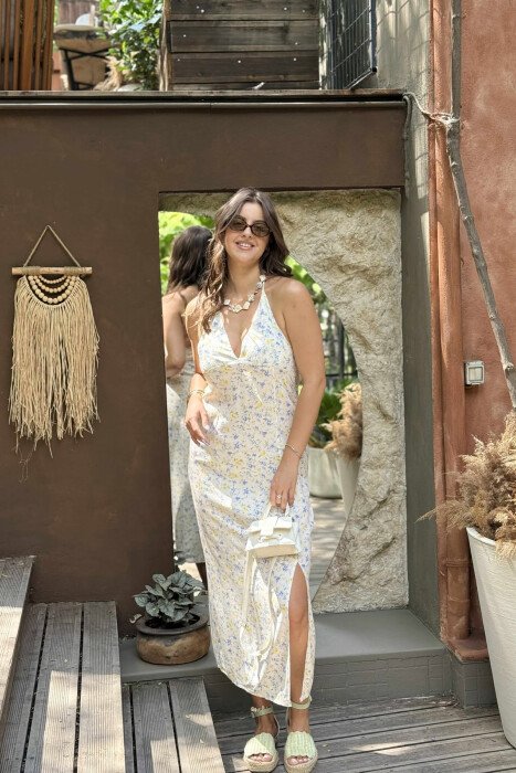 LACING NECK FLOWERS DESIGN WOMEN DRESS YELLOW/E VERDHE - KLAUDIO FASHION
