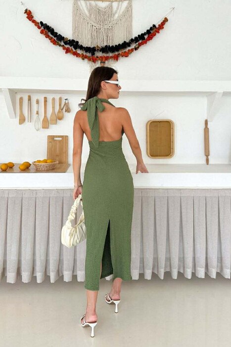 LACING NECK ONE COLOR LONG WOMEN DRESS GREEN/JESHILE - 3