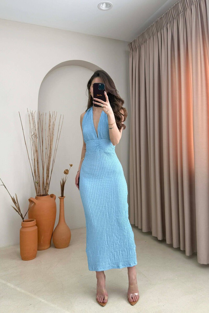 LACING NECK ONE COLOR LONG WOMEN DRESS LIGHTBLUE/BZ - 1