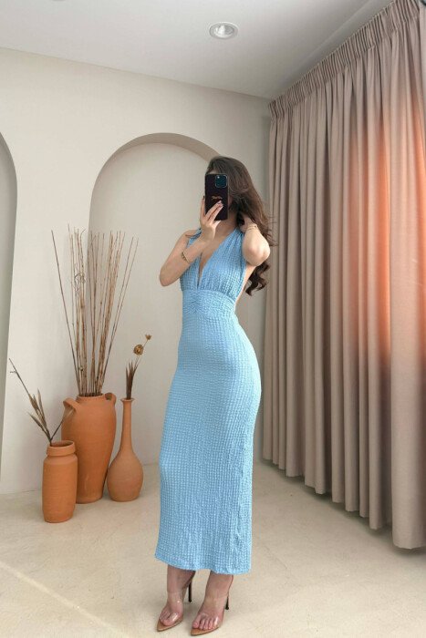LACING NECK ONE COLOR LONG WOMEN DRESS LIGHTBLUE/BZ - 2