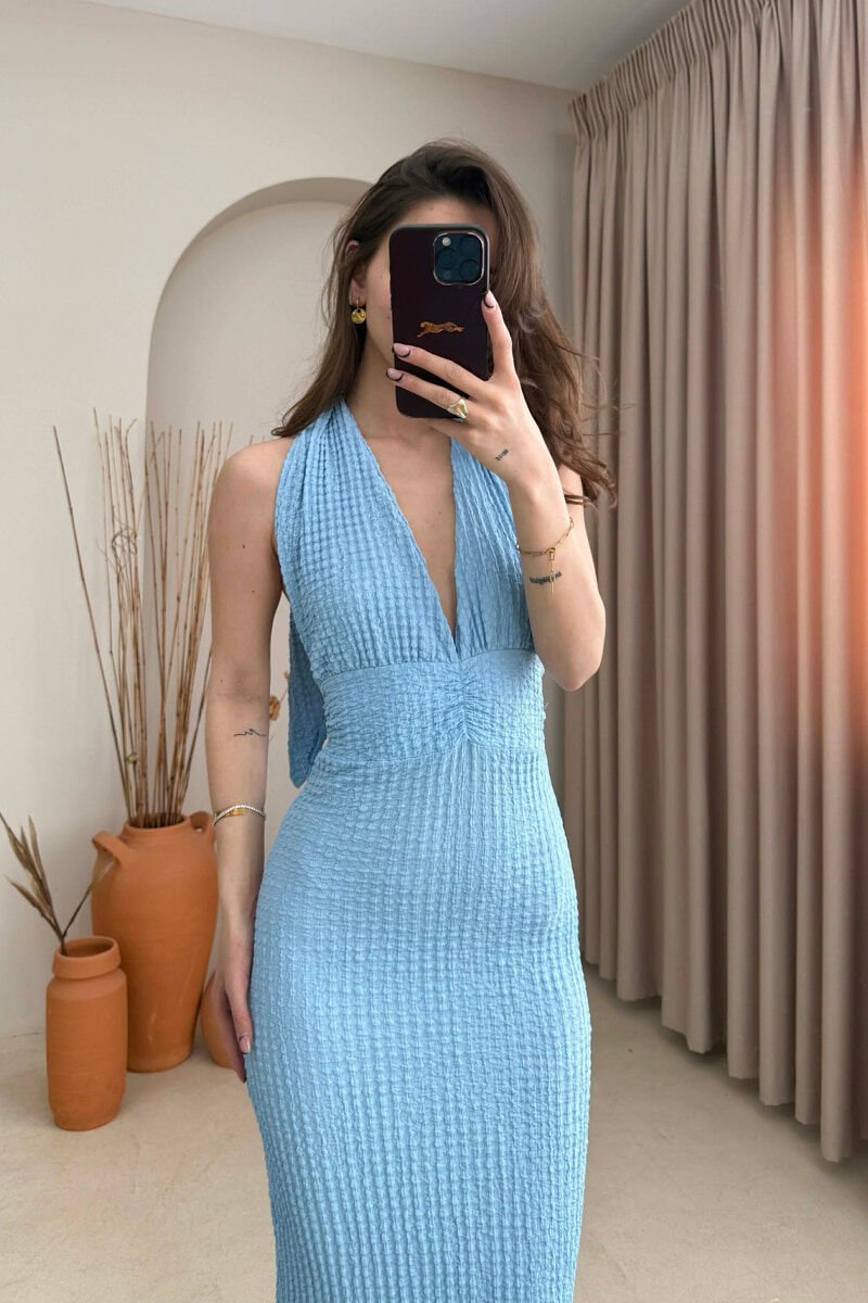 LACING NECK ONE COLOR LONG WOMEN DRESS LIGHTBLUE/BZ - 3