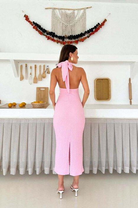 LACING NECK ONE COLOR LONG WOMEN DRESS PINK/ROZE - 3