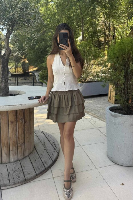 LACING NECK ONE COLOR WOMEN TANK TOP CREAM/KREM - KLAUDIO FASHION