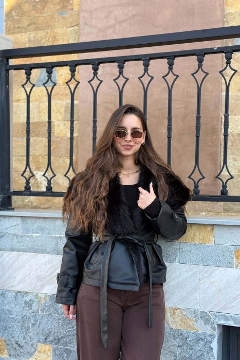 LACING ONE COLOR LEATHER FUR NECK WOMEN JACKET BLACK/ E ZEZE - KLAUDIO FASHION