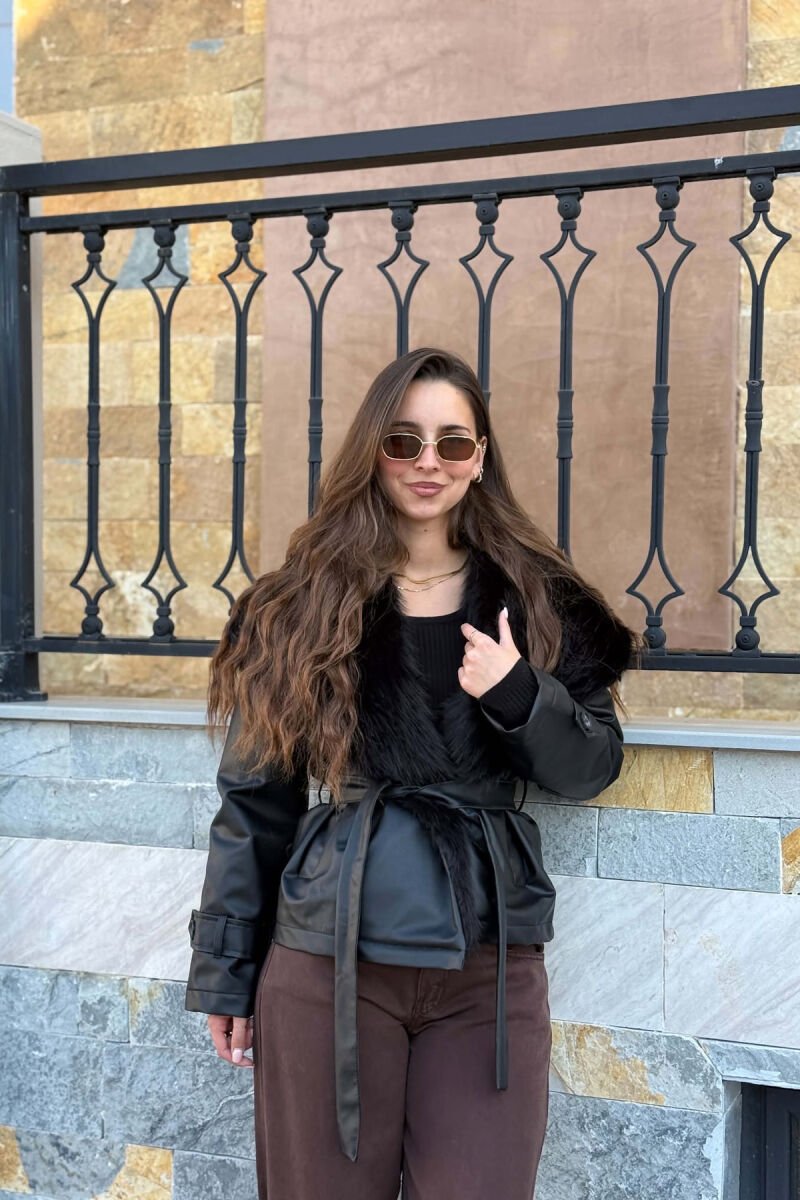 LACING ONE COLOR LEATHER FUR NECK WOMEN JACKET BLACK/ E ZEZE - 1