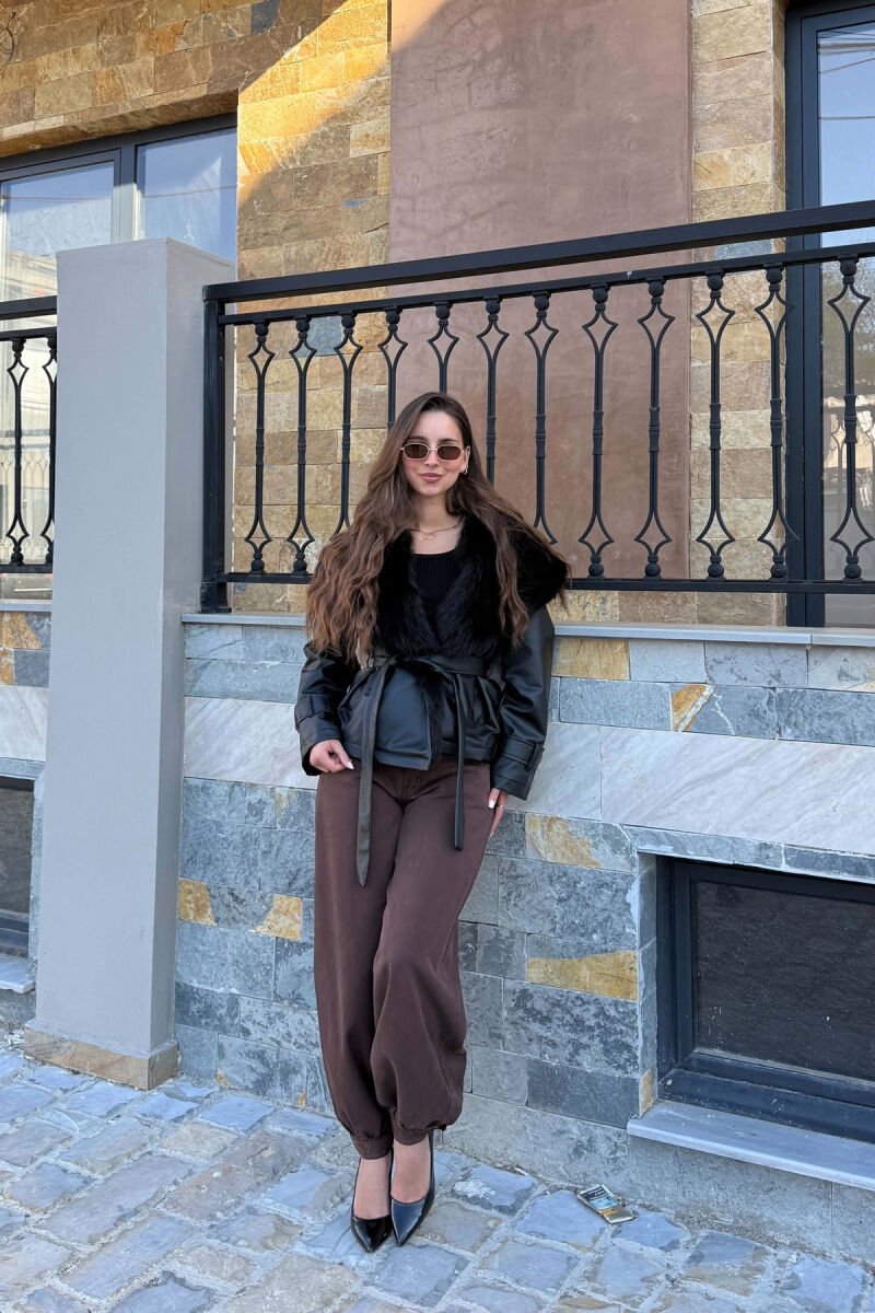 LACING ONE COLOR LEATHER FUR NECK WOMEN JACKET BLACK/ E ZEZE - 2