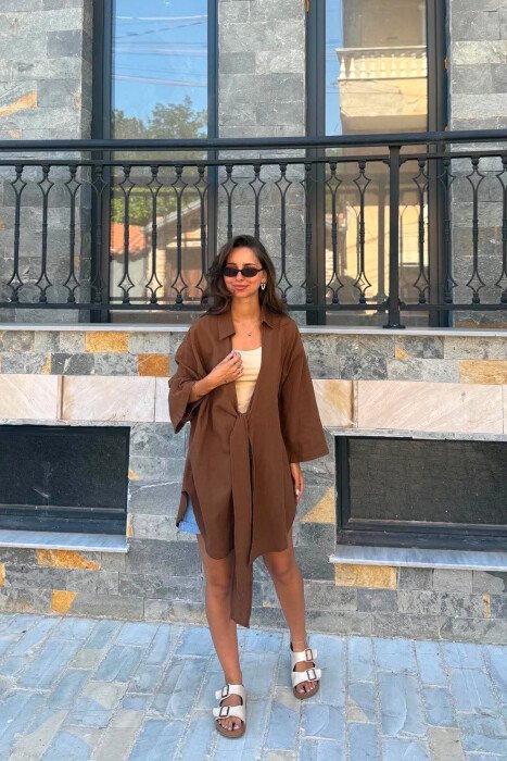 LACING ONE COLOR SIMPLE WOMEN SHIRT BROWN/KAFE - KLAUDIO FASHION
